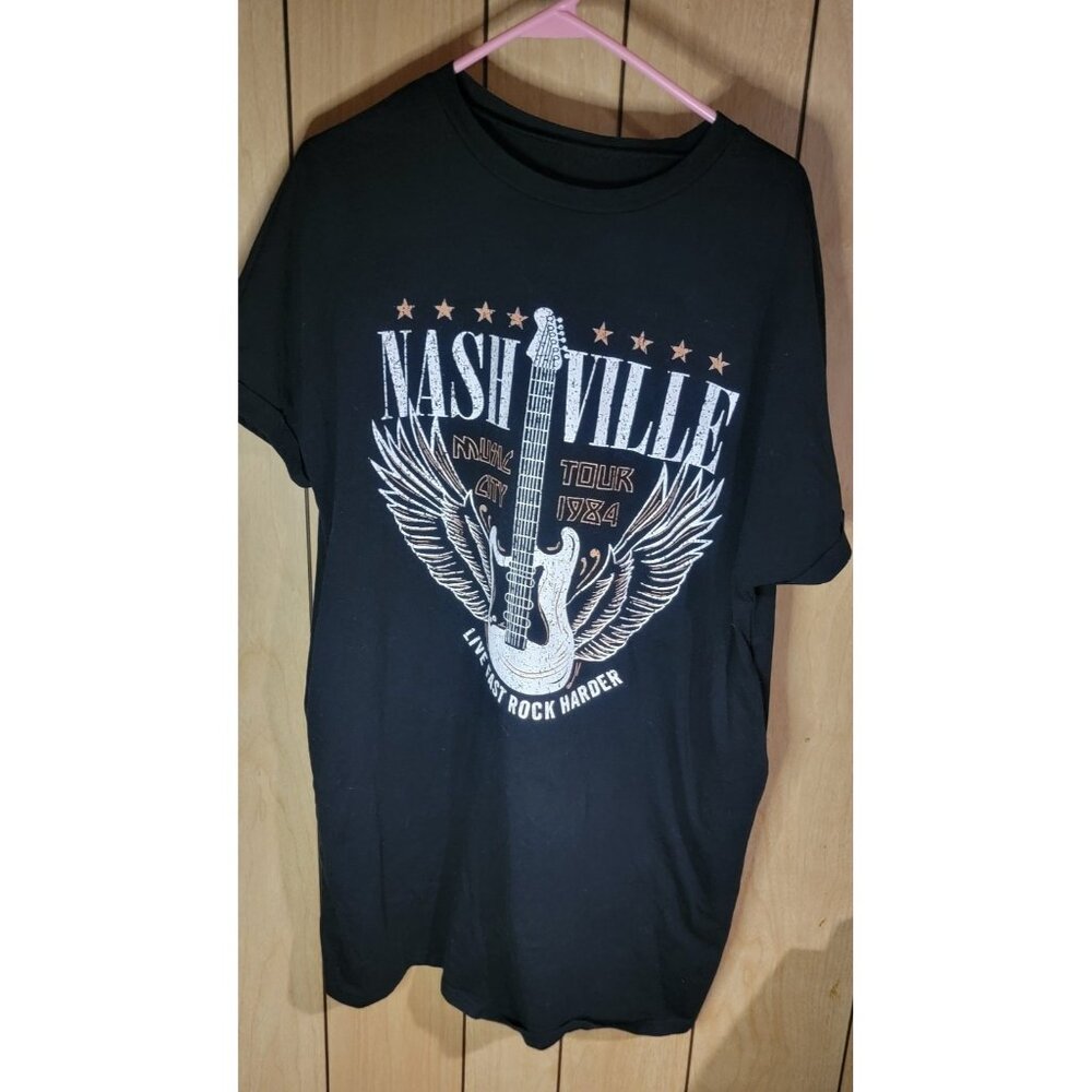 Womens Large Black Stretch Top Music Graphic Comfy Relaxed Fit Shirt w/ Pockets